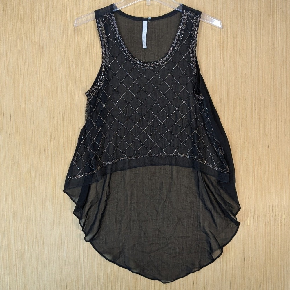 Womens Boho Whimsygoth Y2K Festival Sheer Beaded Tank Top‎ Medium Black High Low